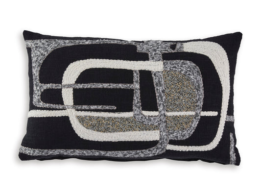Black rectangular pillow with white geometric logo embroidery and gray border