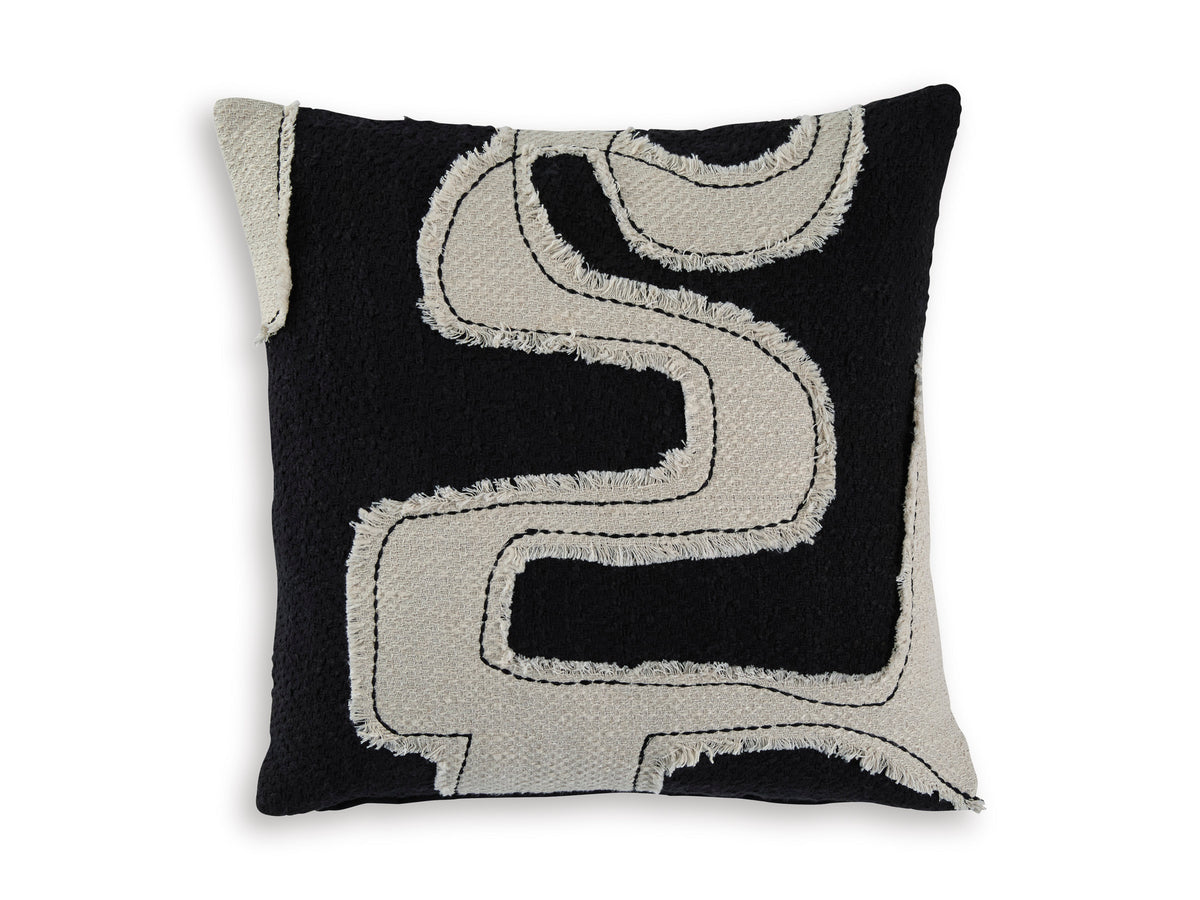 Black and cream square throw pillow with large outlined abstract E stitch