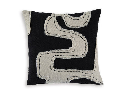 Black and cream square throw pillow with large outlined abstract E stitch