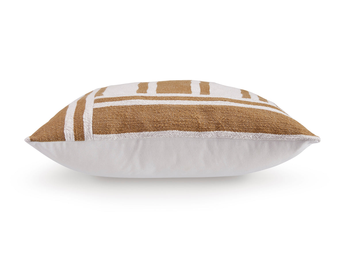 Brown and beige striped pillow with white back panel, side view