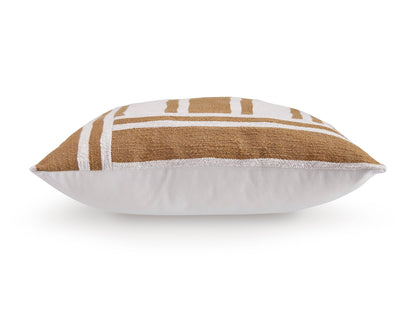Brown and beige striped pillow with white back panel, side view