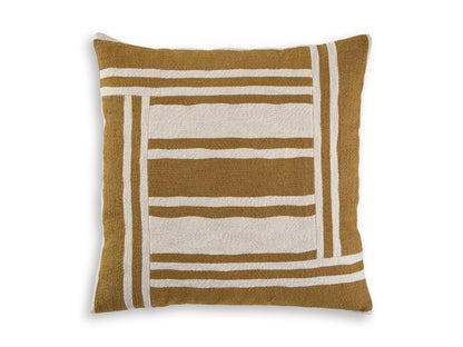 Square accent pillow in brown with white striped bands and stitched border