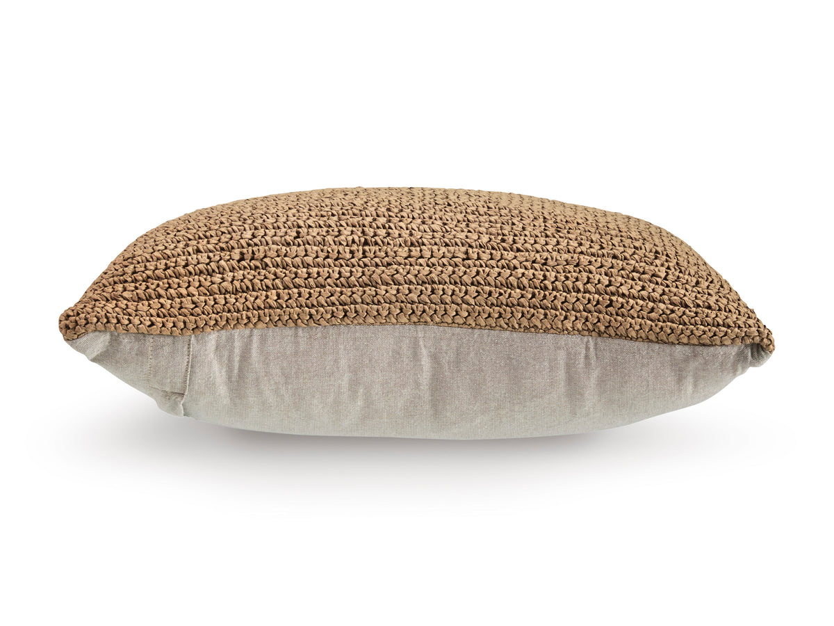 Round woven pillow with tan textured cover and light gray underside