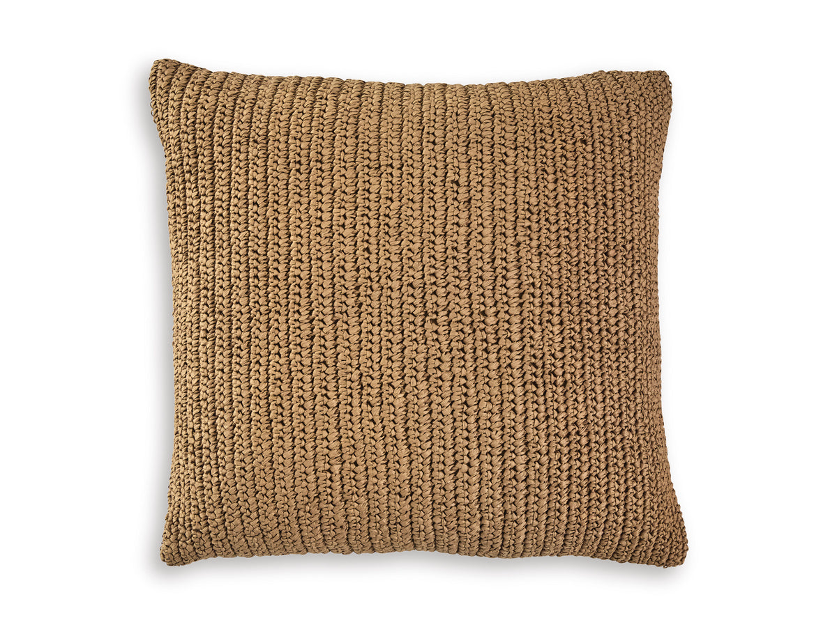 Square woven decorative pillow with tan knit texture and subtle sheen