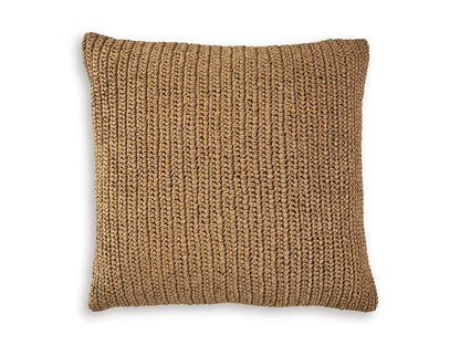 Square woven decorative pillow with tan knit texture and subtle sheen