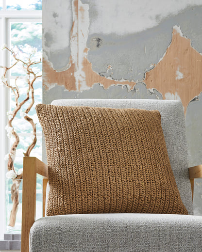 Woven throw pillow with textured tan front and light gray back