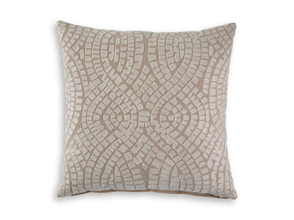 Square decorative pillow with beige and white geometric textured design
