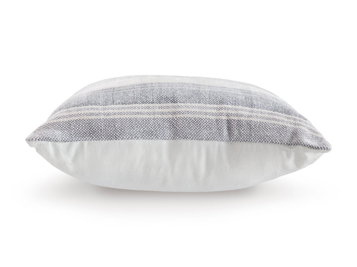 Light gray striped throw pillow, round side view with smooth back