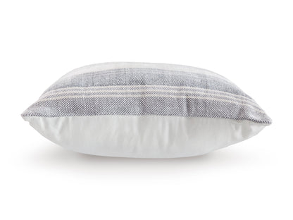 Light gray striped throw pillow, round side view with smooth back
