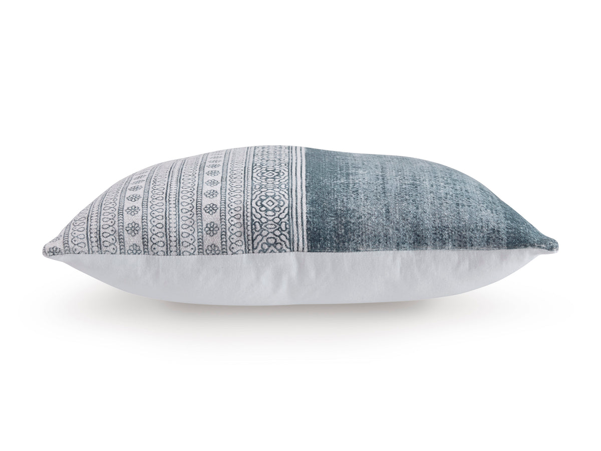 Reversible-style throw pillow with blue denim look and central patterned band