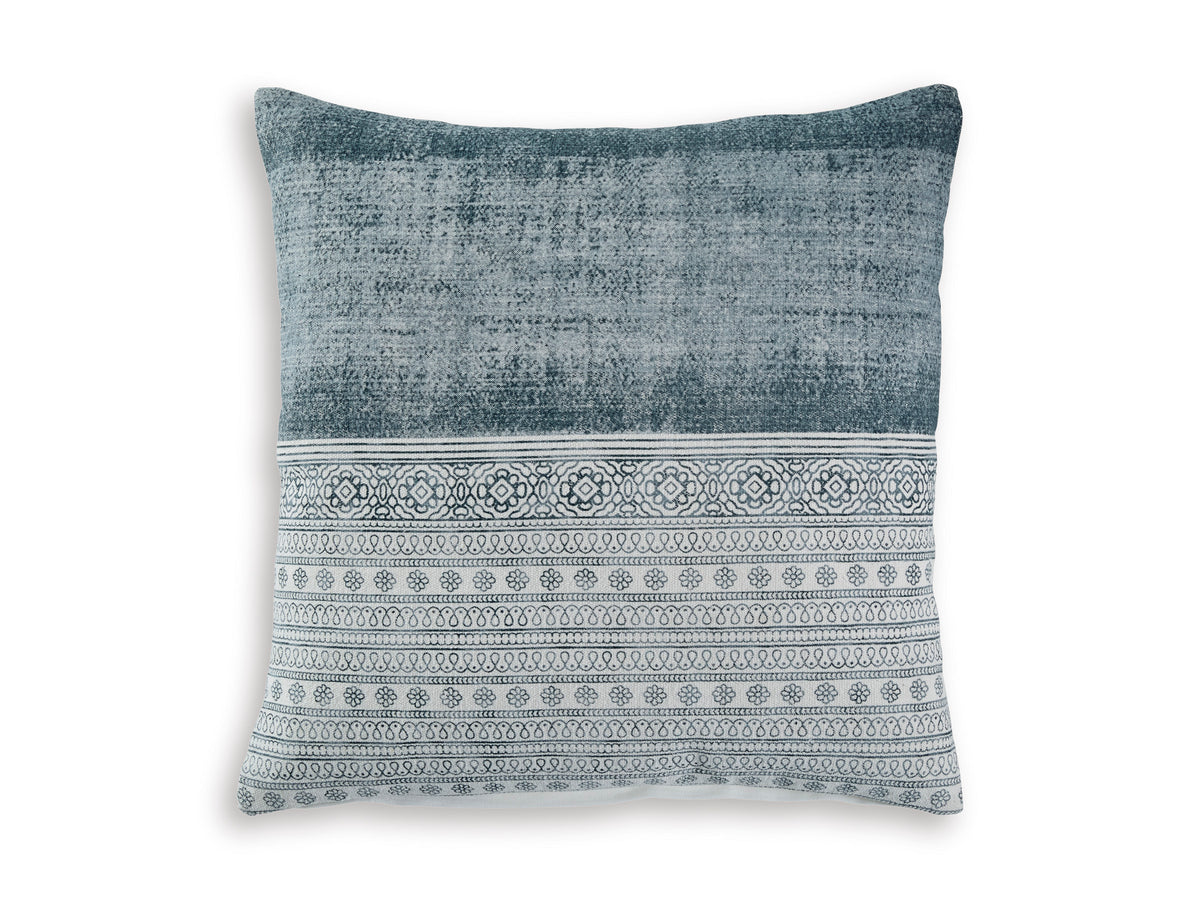 Blue textured throw pillow with centered white ornamental stripe