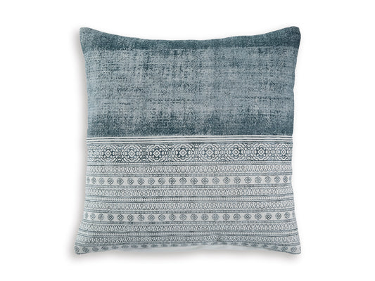 Blue textured throw pillow with centered white ornamental stripe