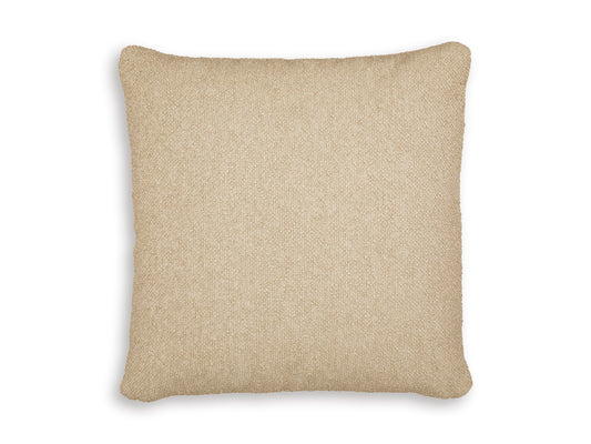 Square throw pillow in light tan textured fabric with clean edges
