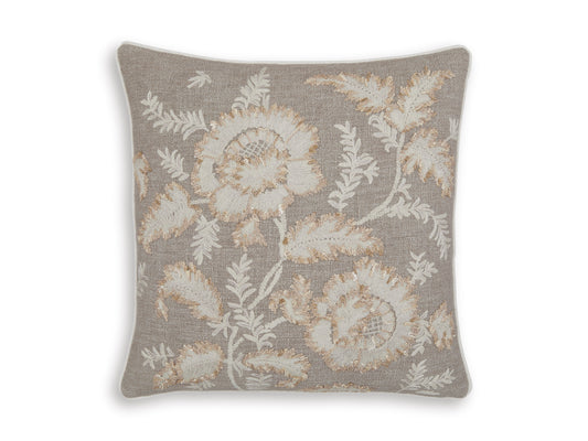 Gray square decorative pillow with cream and gold-toned floral embroidery