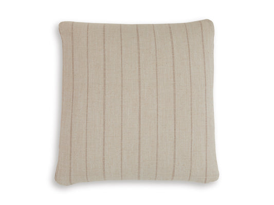 Beige square decorative pillow with stitched edge and vertical stripes