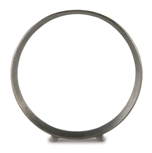 Antique pewter circular ring sculpture display, rounded ring on two small feet