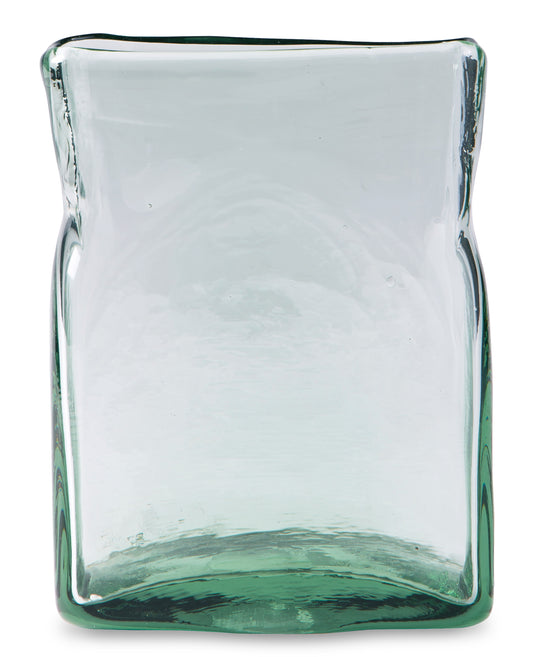 Green-tinted glass cube vase, rounded base, open top