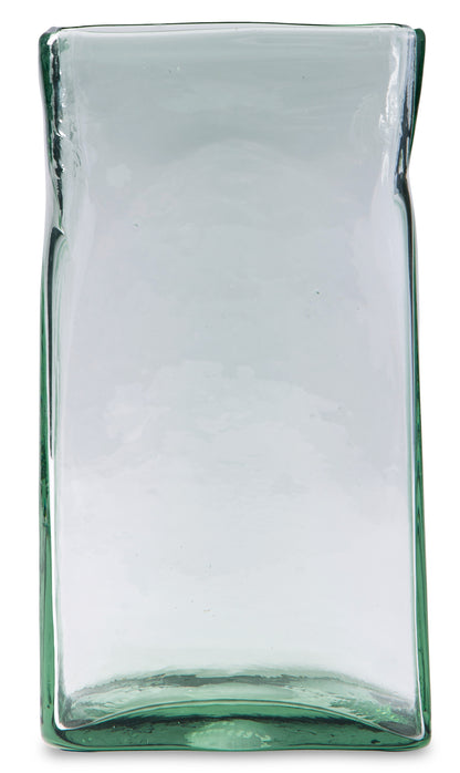 Tall rectangular glass vase with thick rim and green-tinted base