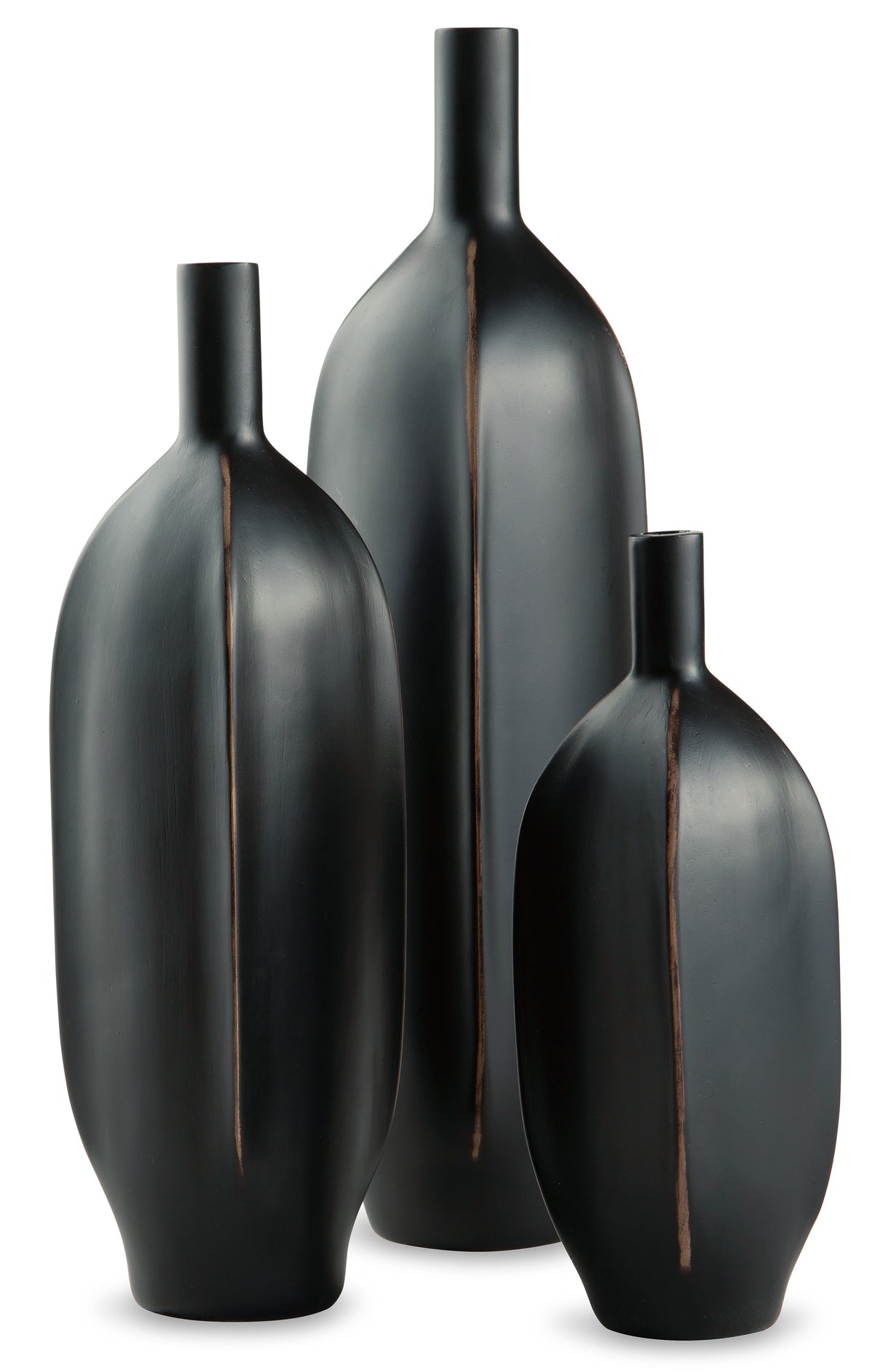 Set of black ceramic vases in varying heights with copper-toned accent seams.