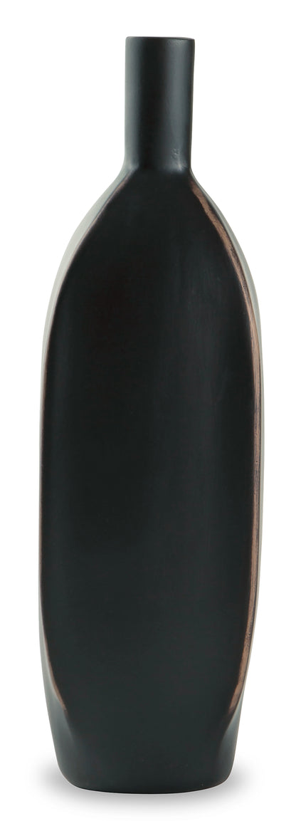 Black ceramic vase with rounded body and short tall neck, copper accent seam.