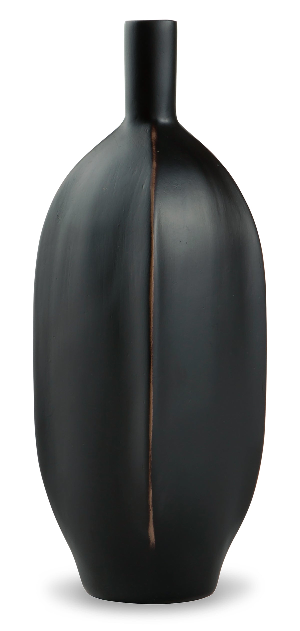 Black ceramic vase with rounded oval body, tall neck, and copper accent seam.