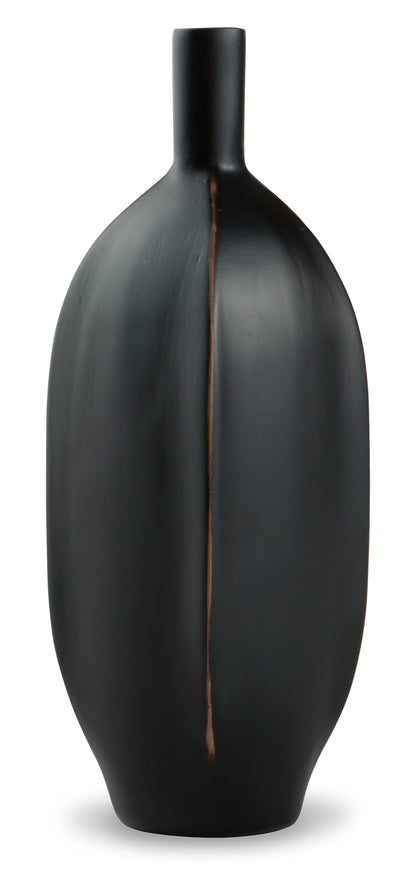 Black ceramic vase with rounded oval body, tall neck, and copper accent seam.