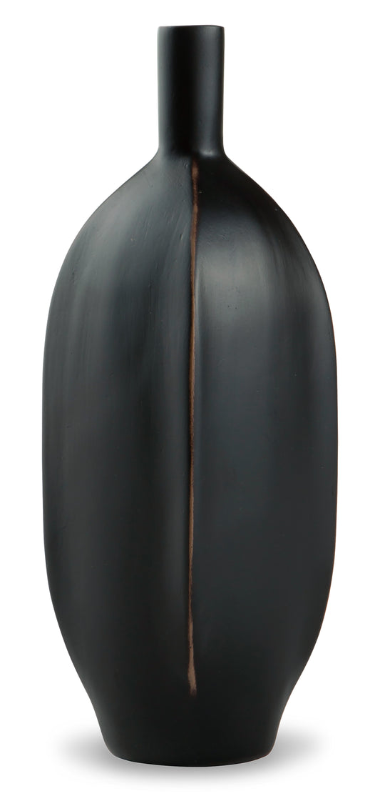 Black ceramic vase with rounded oval body, tall neck, and copper accent seam.