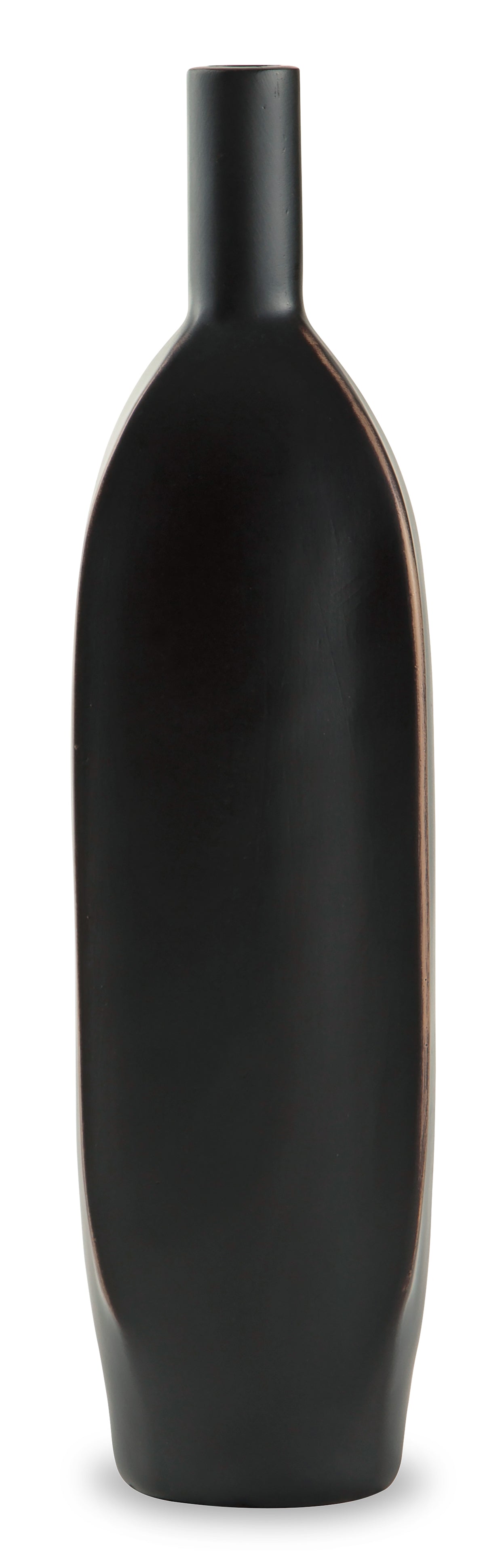 Black ceramic vase with narrow neck and smooth oval body, copper accent seam.