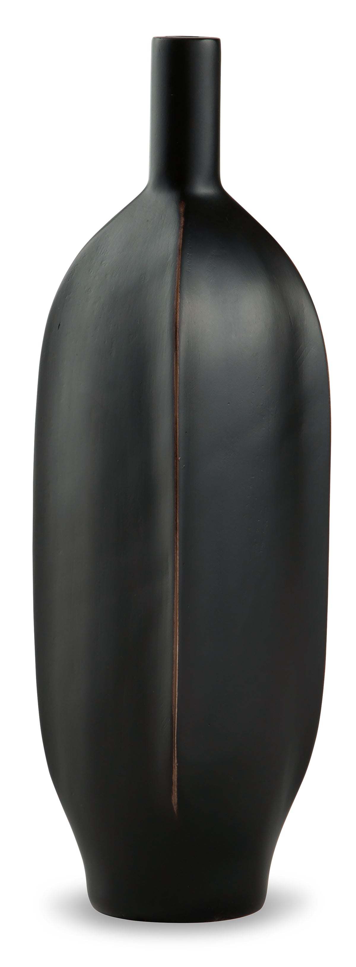 Matte black tall ceramic vase with slim neck and a vertical copper stripe