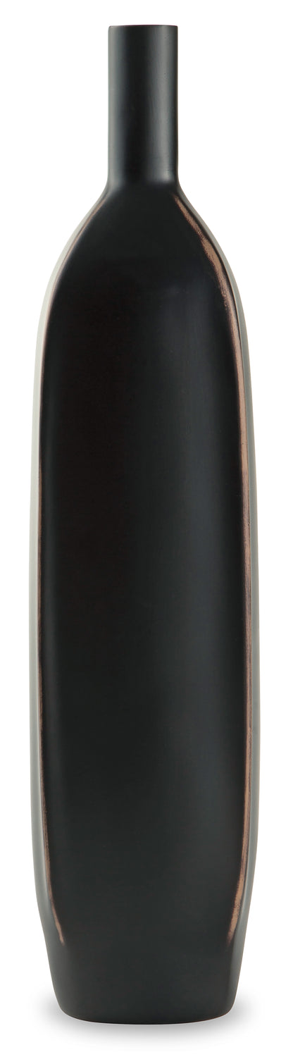 Tall matte black vase with narrow neck and vertical copper stripe