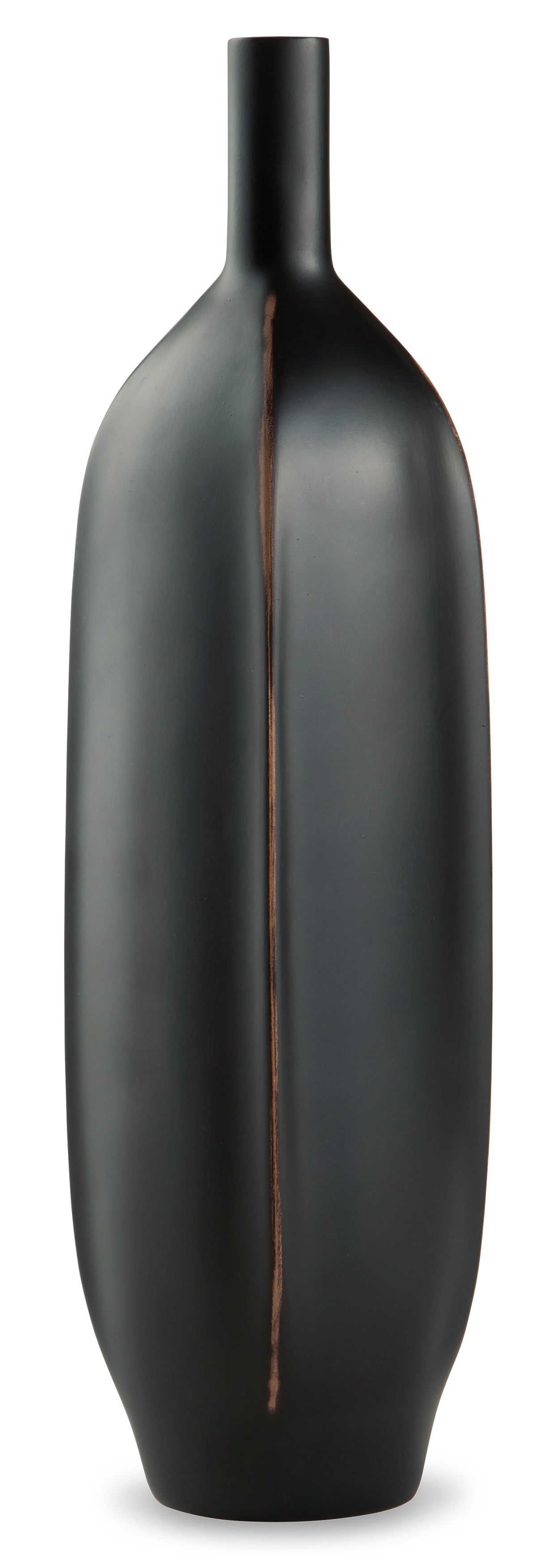 Matte black ceramic vase with slim neck, rounded base, and copper vertical stripe