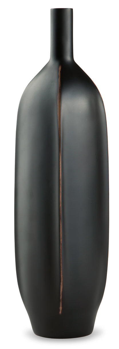 Matte black ceramic vase with slim neck, rounded base, and copper vertical stripe