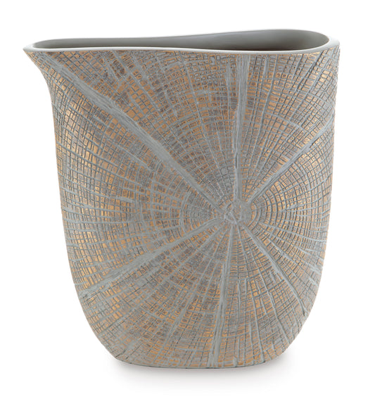 Blue textured vase with gold radial sunburst pattern and smooth open mouth.