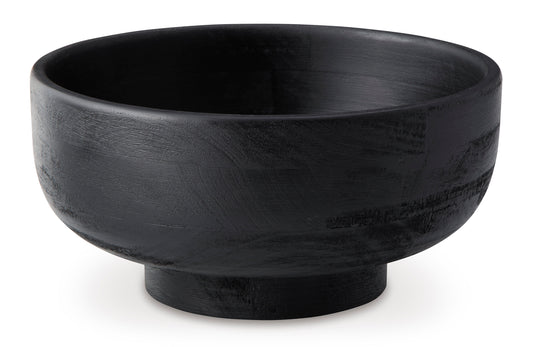 Black wooden bowl with wide rim and pedestal base