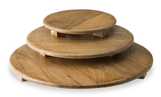 Stack of 3 round wooden trays with central lift knob