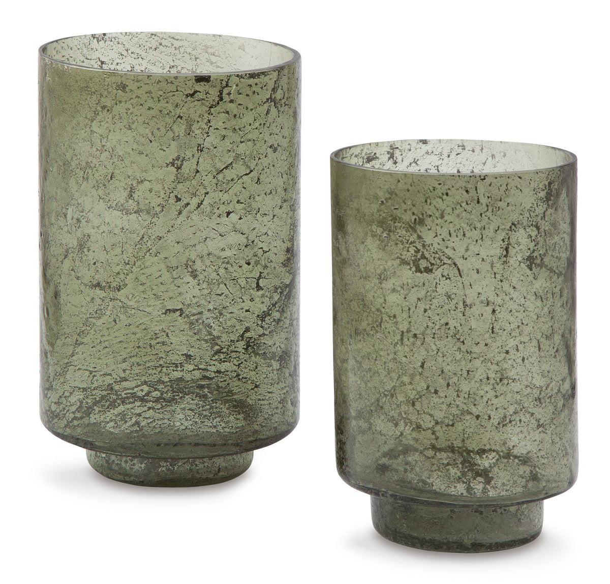 Set of 2 green speckled glass candle holders, rounded cylinders with open tops.