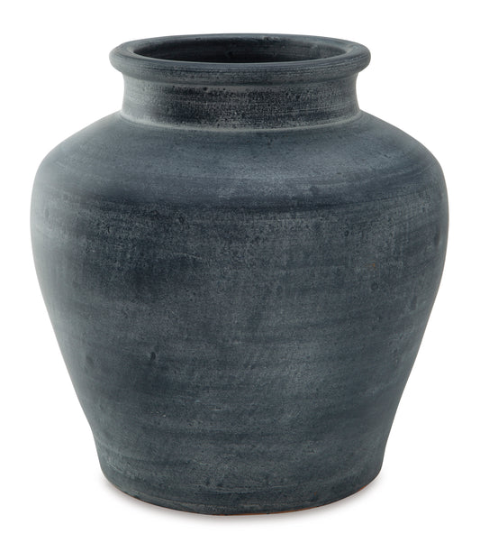 Dark blue-gray ceramic vase with wide round body and narrow mouth