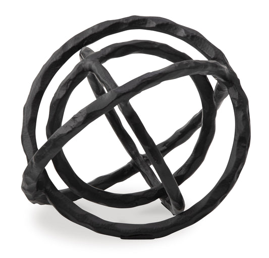 Abstract dark metal wire sculpture of interlaced loops and bands