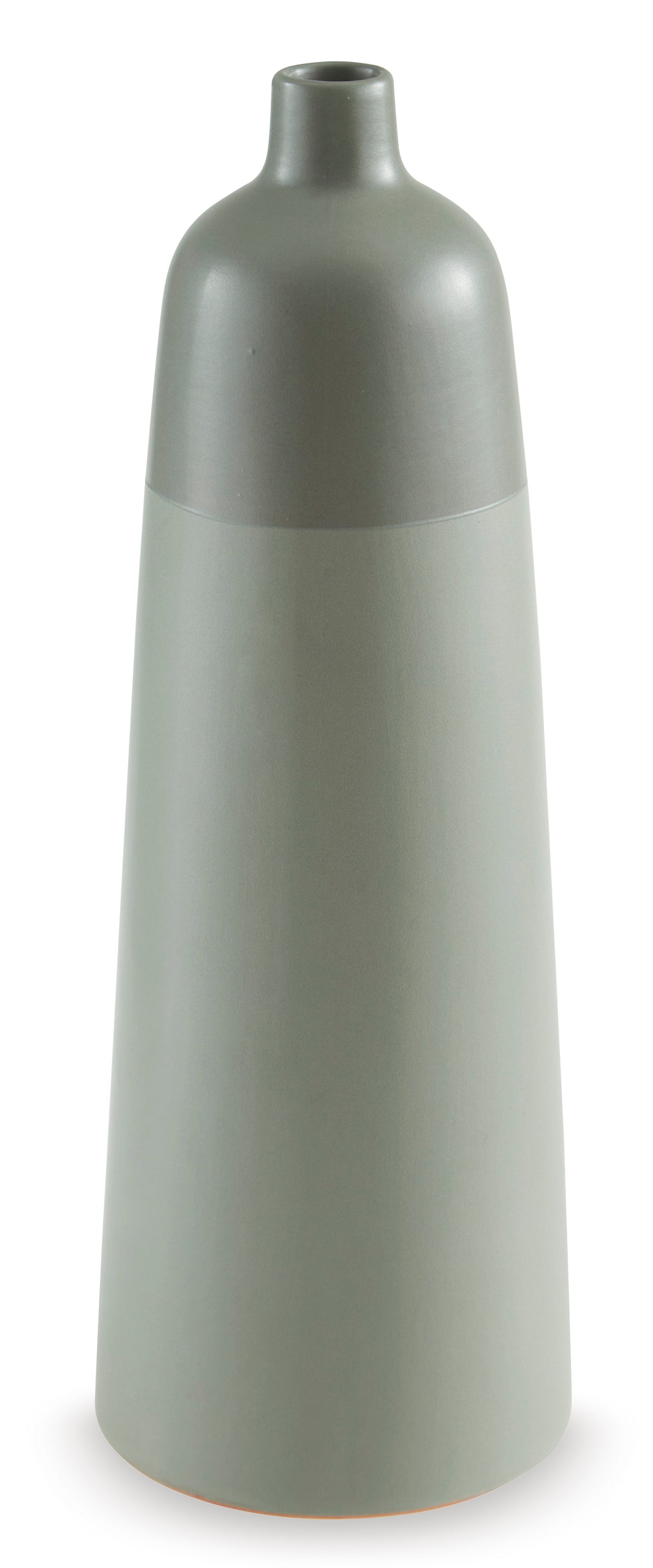 Tall matte ceramic vase with narrow neck and flared rim in muted sage gray