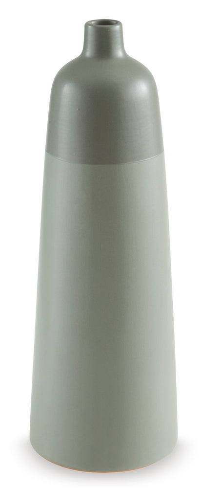 Tall matte ceramic vase with narrow neck and flared rim in muted sage gray