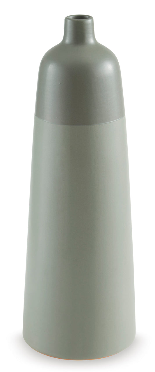 Tall matte ceramic vase with narrow neck and flared rim in muted sage gray