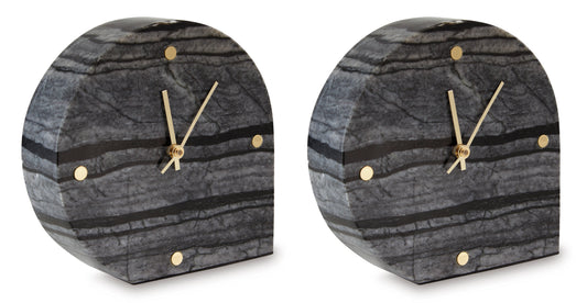 Gray stone-look table clocks (set of 2) with gold hands and hour markers
