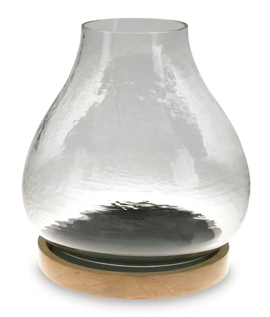 Clear glass candle holder vase with wooden base ring, front view