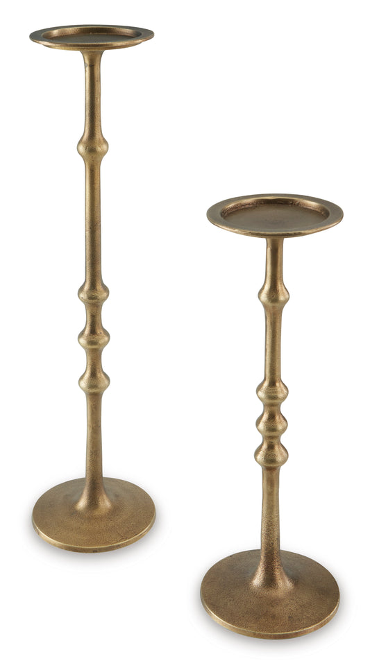 Gold-toned candlestick candle holders, two-piece set with wide round bases