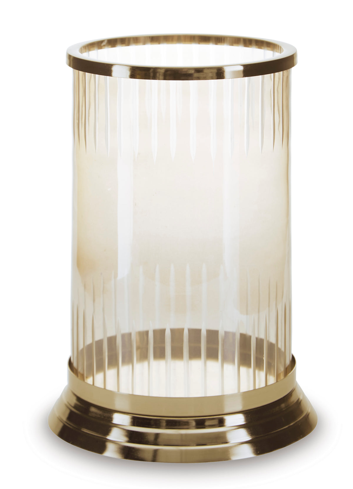 Gold metal rim glass candle holder with vertical clear panels
