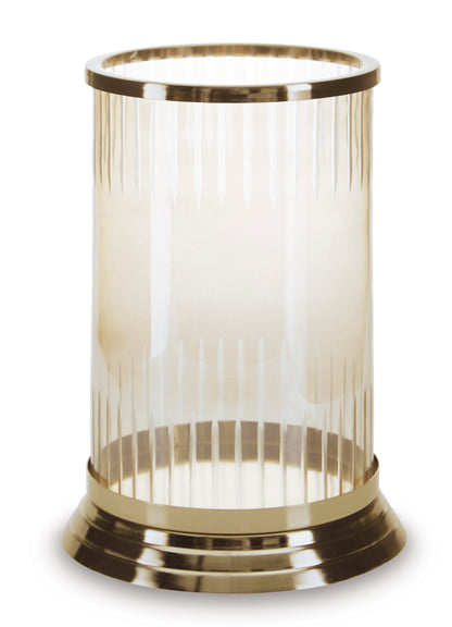 Gold metal rim glass candle holder with vertical clear panels