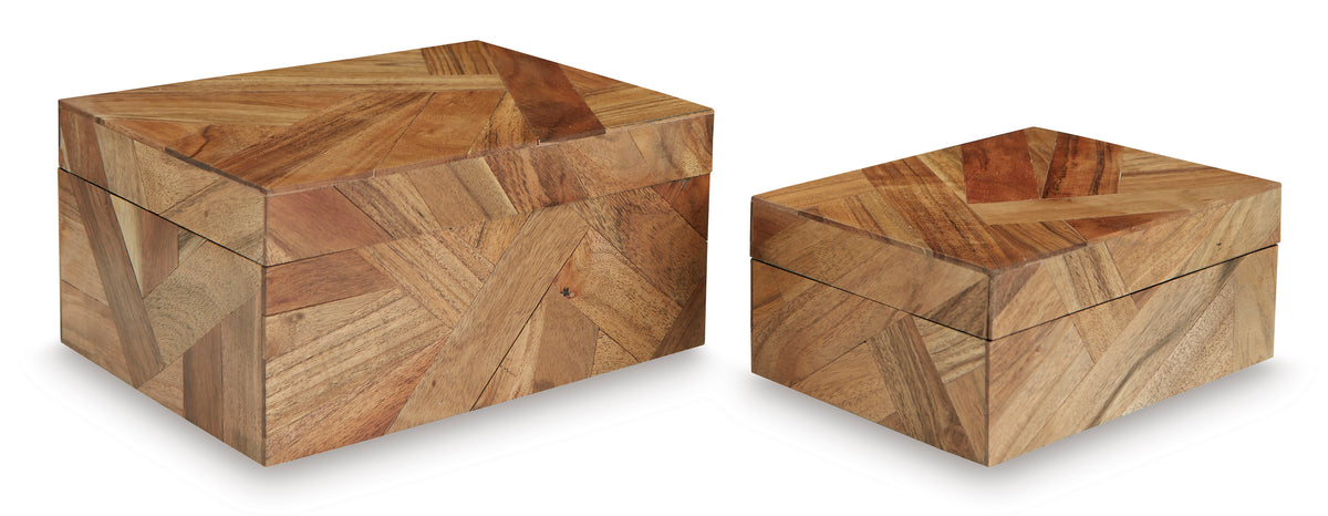 Two wooden storage boxes with patchwork tops and matching patterned sides
