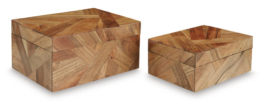 Two wooden storage boxes with patchwork tops and matching patterned sides