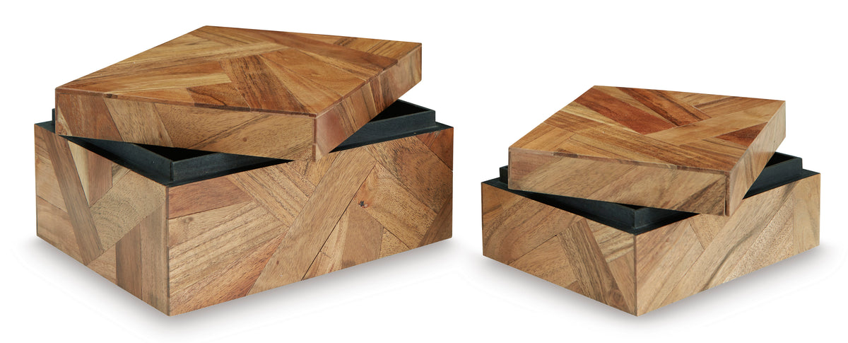 Pair of wooden storage boxes with black lid liners and patchwork sides