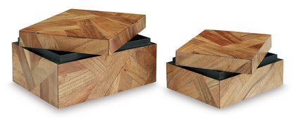 Pair of wooden storage boxes with black lid liners and patchwork sides